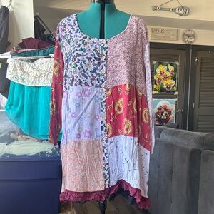 Patchwork Boho Button-Front Tunic Dress in Mixed Prints